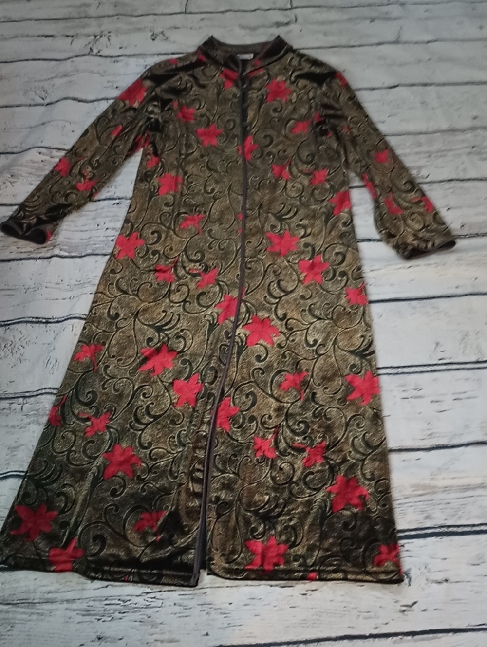 Claudel Vintage Red Gold Asian Inspired Velour Duster Jacket Robe M Vampy Goth